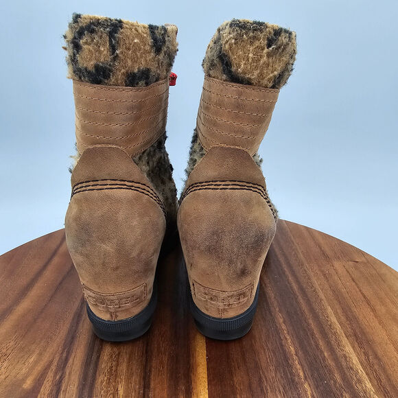 Sorel Lexie Boots Women's 5 Brown Leather Leopard Print Hidden Wedge Lace Up - Picture 4 of 10